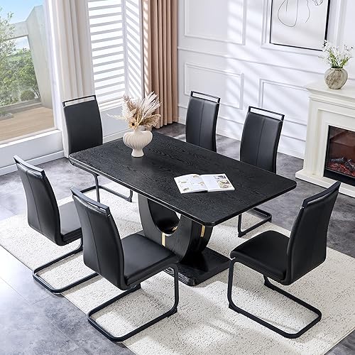 Miniatura 45 de JUFU Juego de mesa de comedor moderno para 6, juego de mesa de cocina de 63 pulgadas con mesa de mármol sintético y 4 sillas tapizadas de piel