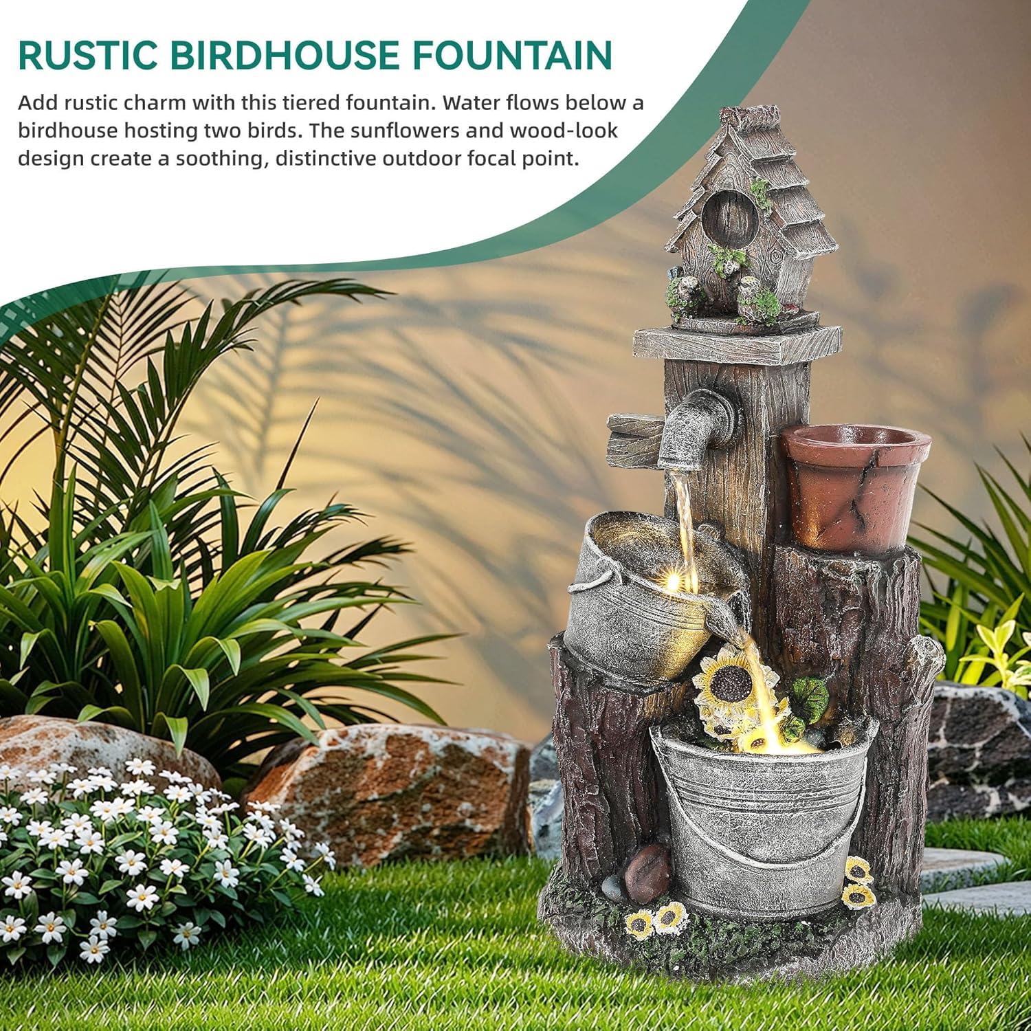 20" Bucket Birdhouse Outdoor Fountain, 3-Tier Pastoral Water Feature with LED Lights, Resin Soothing Cascading Waterfall for Patio, Backyard, Garden or Porch