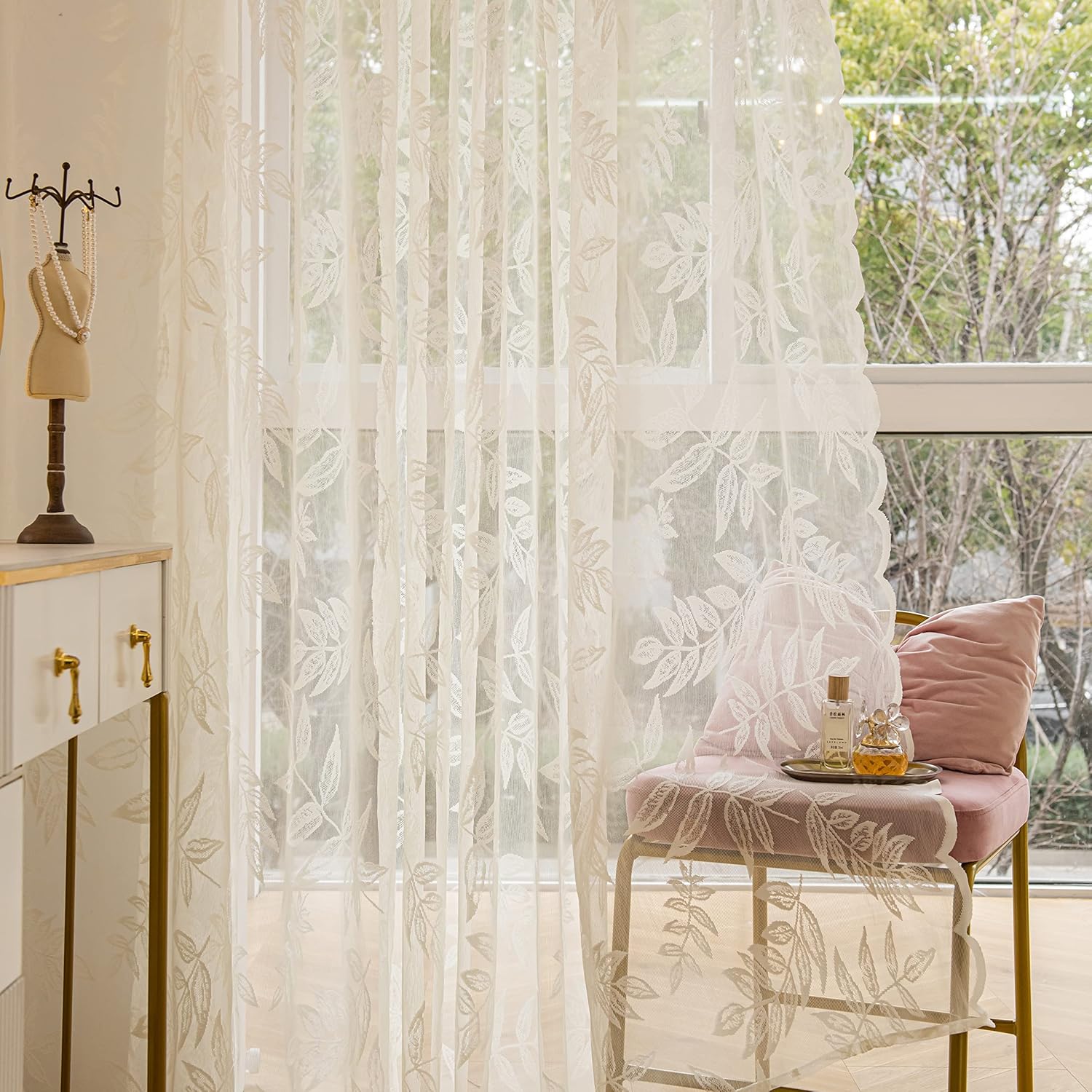 Sutuo Home Ivory Lace Curtains 84 Inches Long, Leaf Embroidery Window Sheer Drapes Pair Knitted, Rod Pocket Vintage Country Window Treatments Set of 2 Panels for Bedroom Living Room, 57" W x 84" L