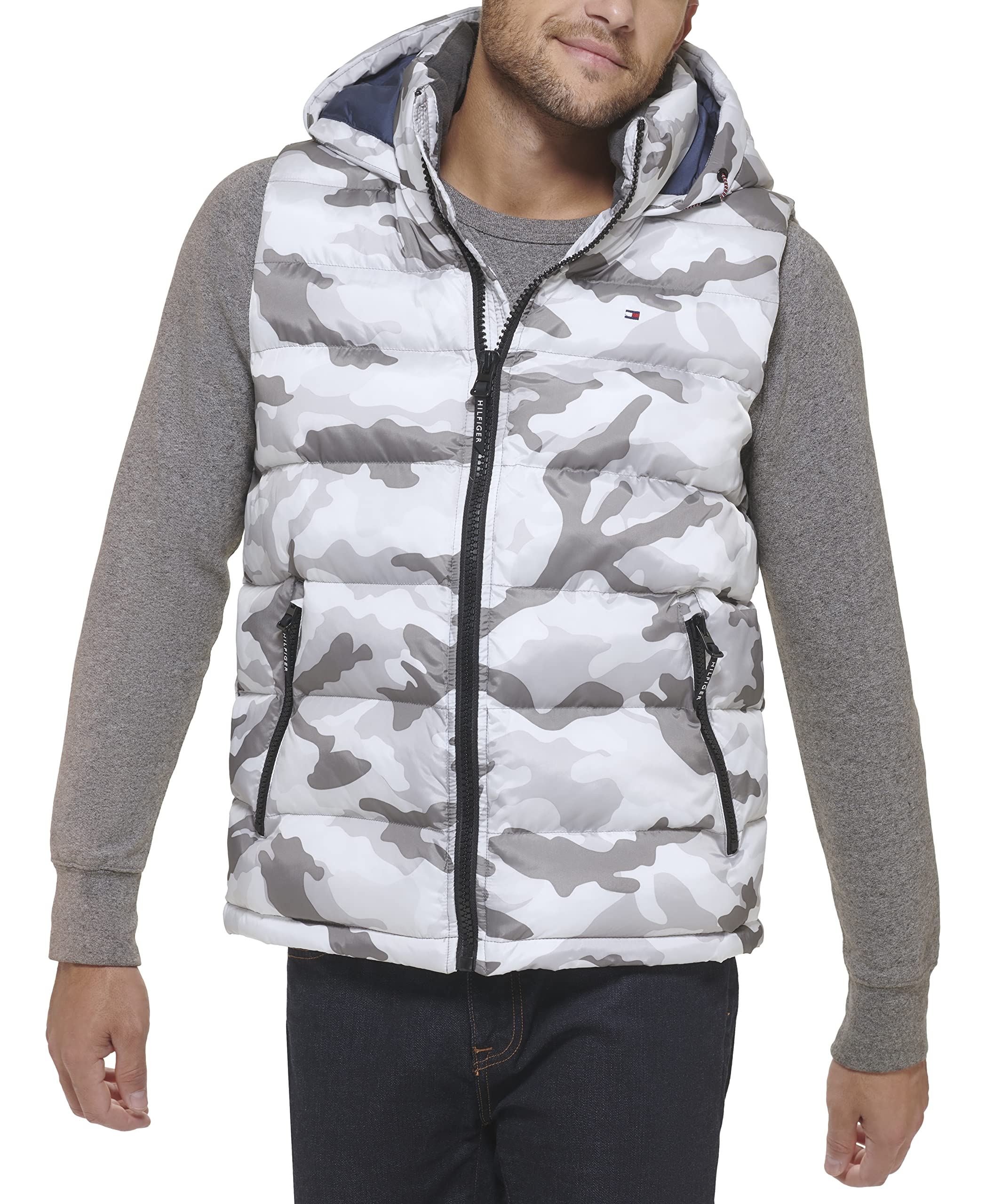 Tommy Hilfiger Herren Puffer Weste mit Kapuze, Camouflage weiß, S