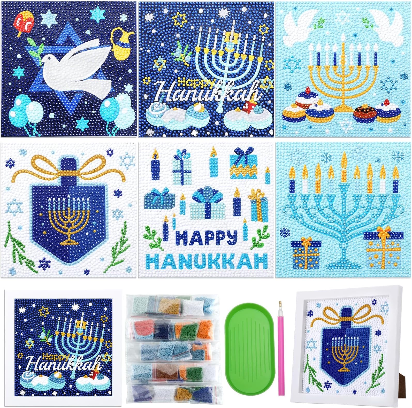 Weysat 6 Pcs Hanukkah Diamond Crafts Kits with Frames Chanukah Diamond Art Ornaments DIY Hanukkah Painting Art for Kids Chanukah Crafts Table Home Party Decorations