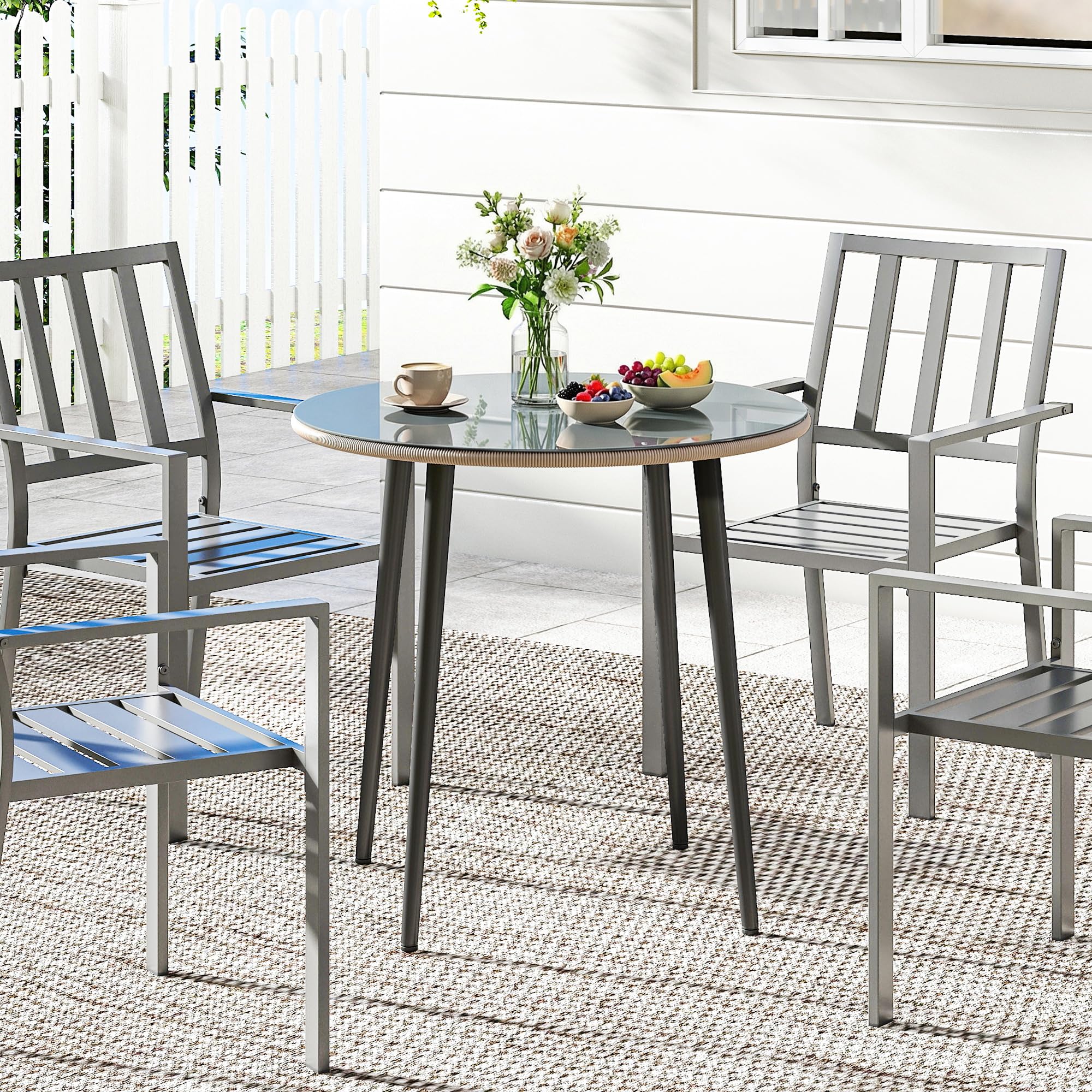 Outsunny Tavolo da giardino acciaio, 80x80x74 cm, buffet 4 pers., grigio | Telaio acciaio, bordo rattan PE, piedi regolabili, tavolo campeggio/balcone/pranzo esterno, giardino/terrazza/balcone