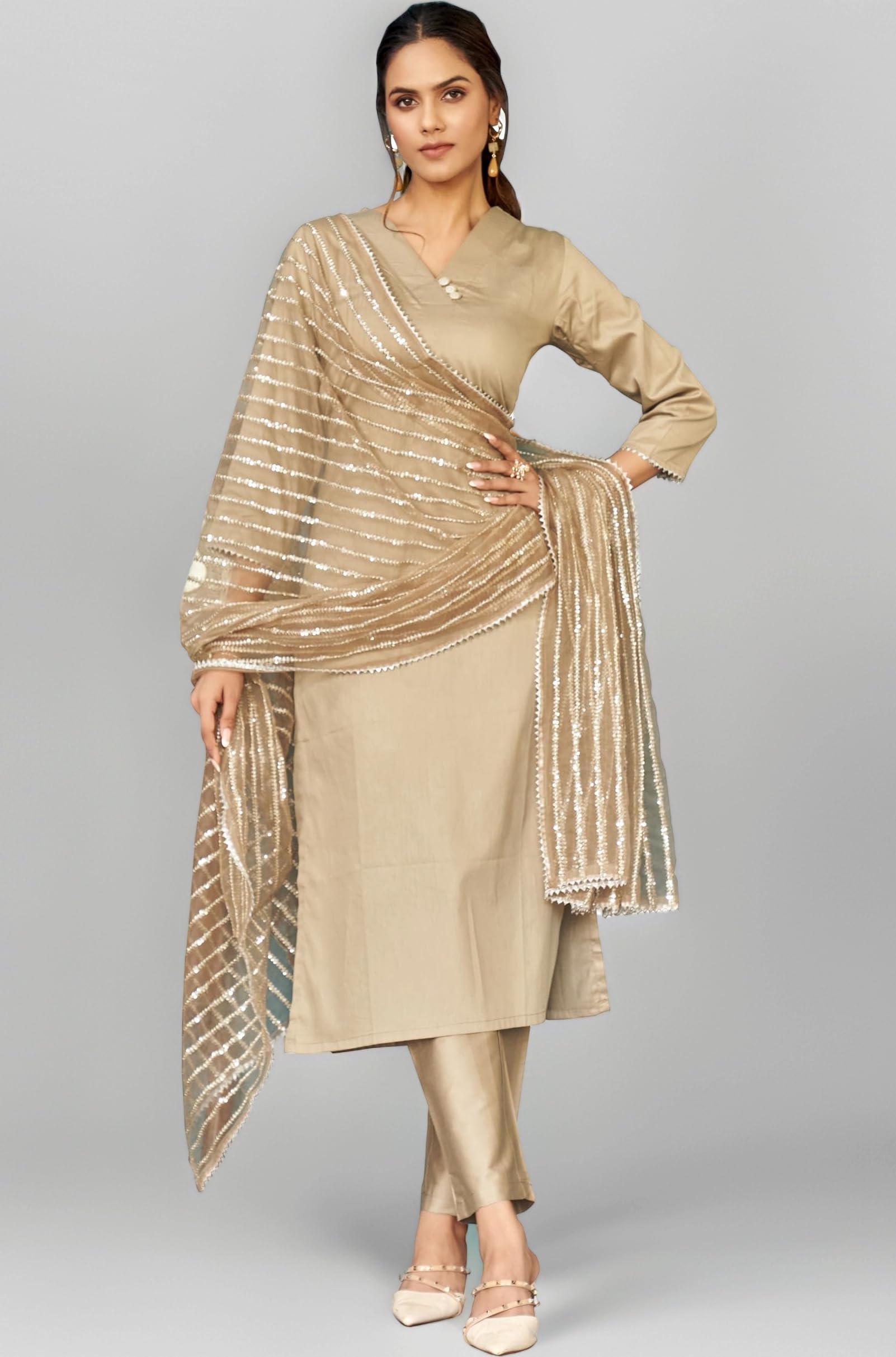 Womanista Women Beige Color Cotton Kurta set with Heavy Dupatta