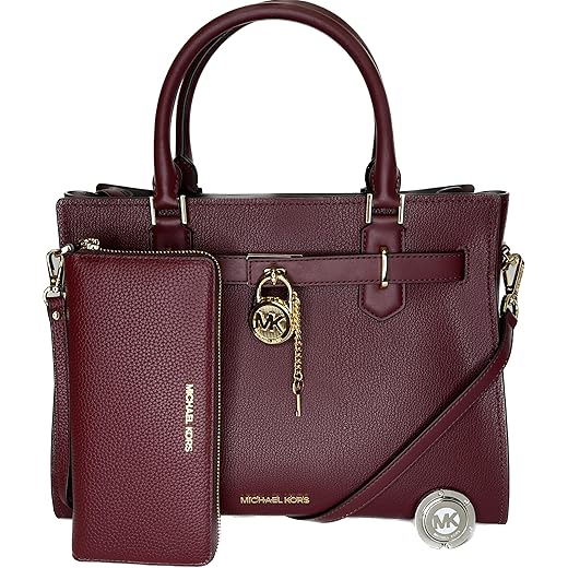 Michael Kors Hamilton MD Satchel bundled with Large Continental Wallet and Purse Hook (Dark Cherry)