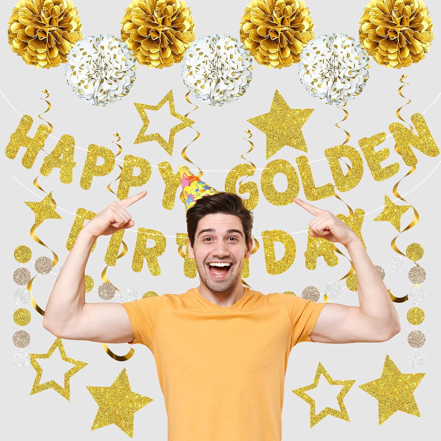 Golden Birthday Party Decorations, Gold Bday Decor for Girls and Ladies, Glitter Gold Happy Birthday Banner with Pom Poms, Star Swirls & Circle Garland for Women 21st 30th 40th Bday Decor