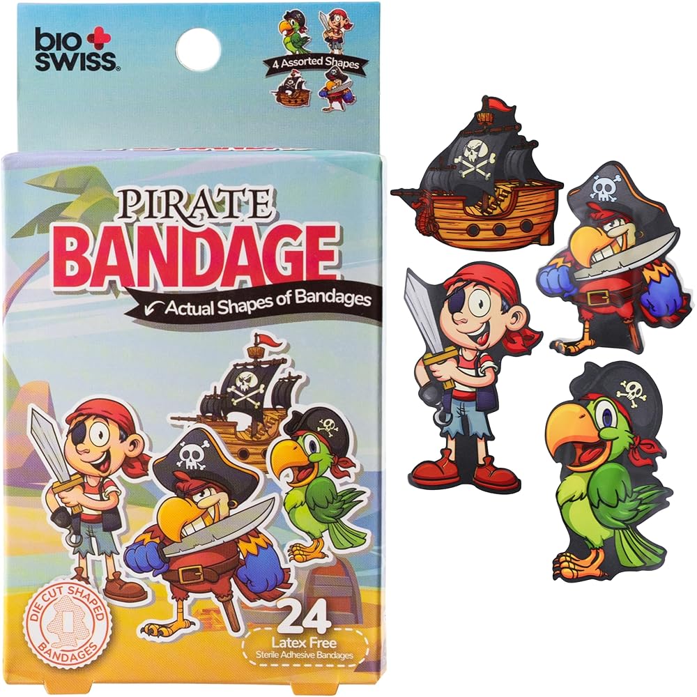 BioSwiss Bandages, Pirate Shaped Self Adhesive Bandage Set, Latex Free, Sterile Wound Care, 24 Count