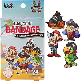 BioSwiss Bandages, Pirate Shaped Self Adhesive Bandage Set, Latex Free, Sterile Wound Care, 24 Count