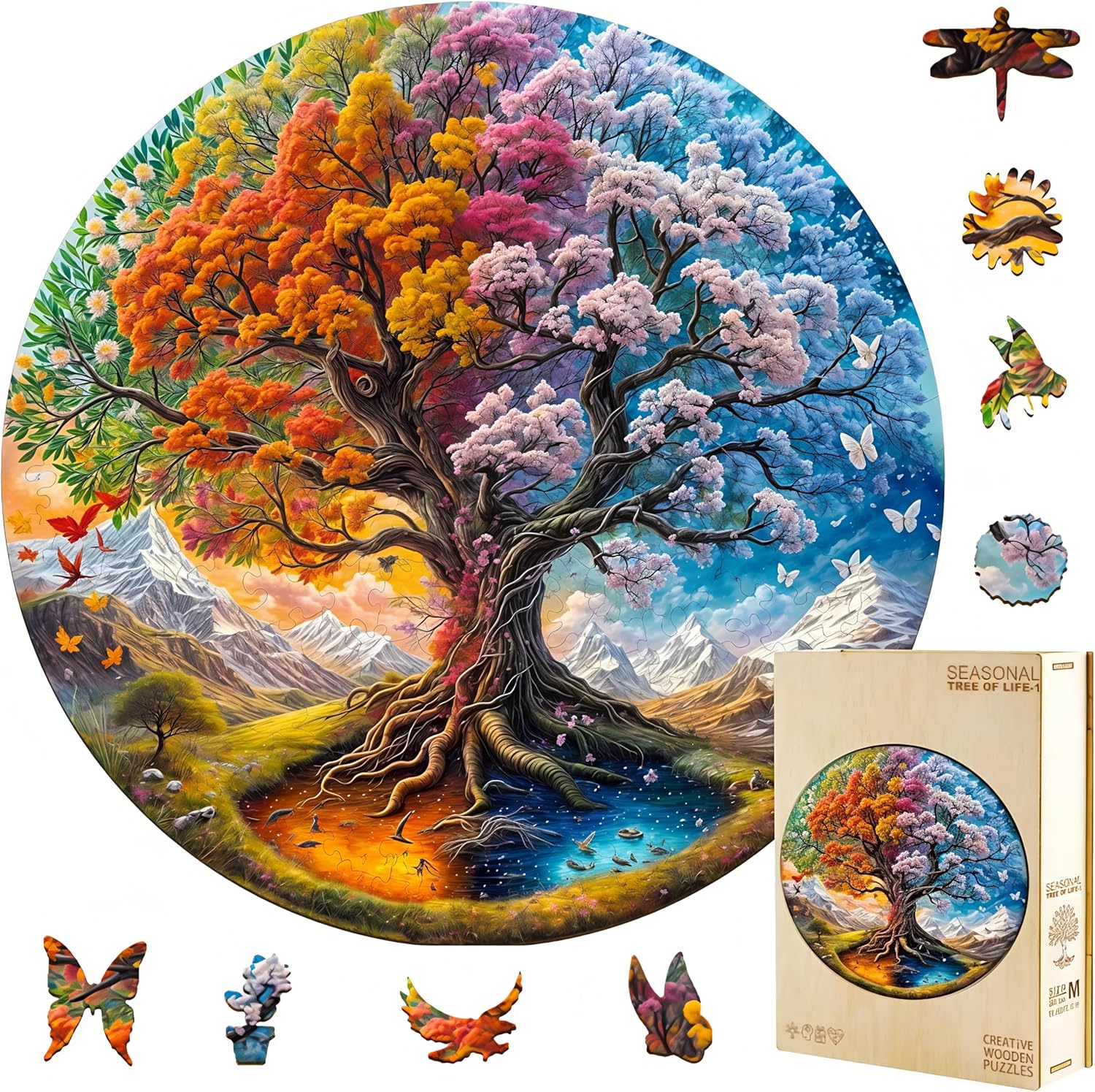 Wooden Puzzles Adults, Seasonal Tree of Life Wooden Puzzles 300 Pieces, Unique Animal Shaped Wood Challenging Jigsaw Puzzles for Adults, 13.4x13.4in