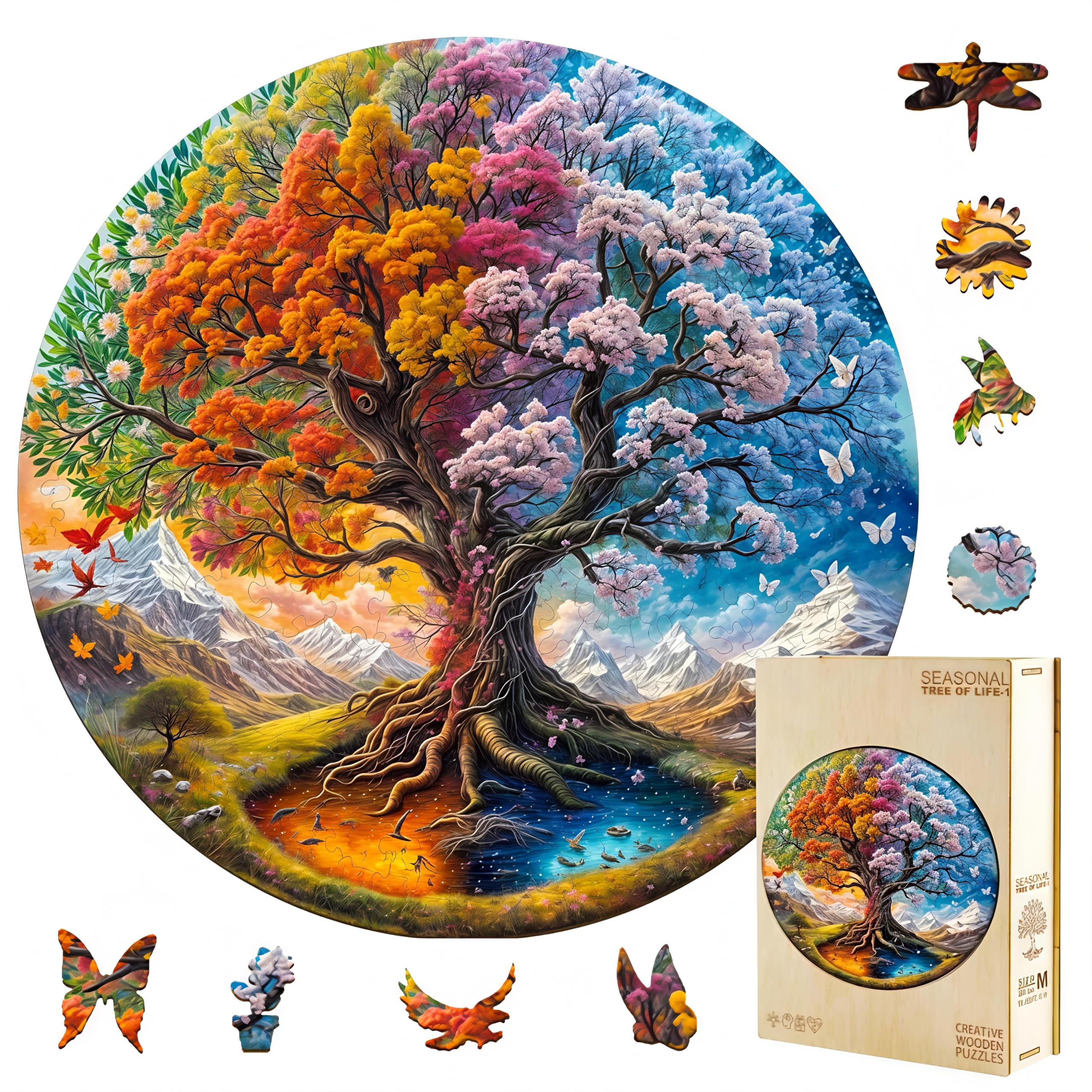 100 Pieces Wooden Puzzles Adults, Seasonal Tree of Life Wood Puzzles Adult,