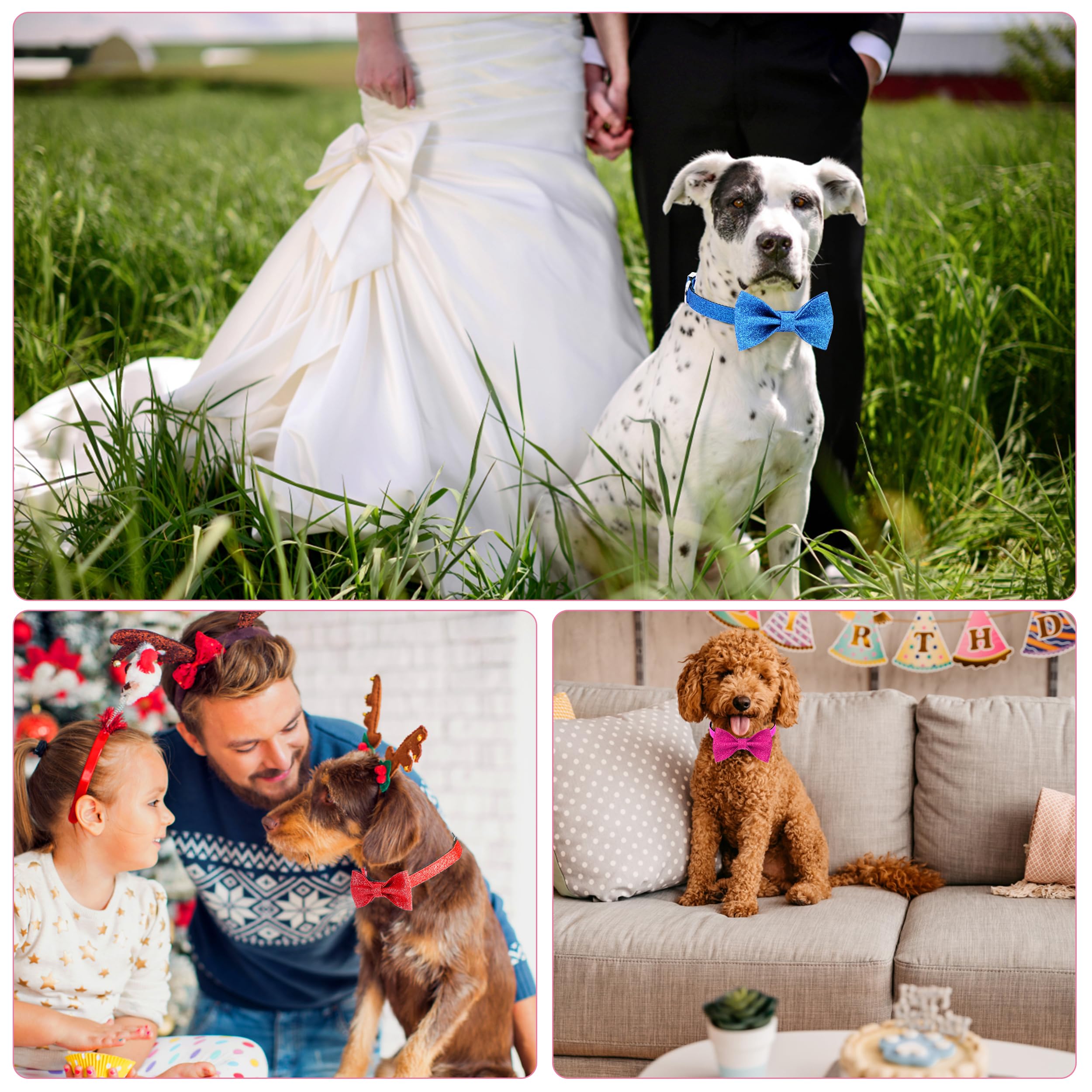 Personalisiertes Hundehalsband Mit Fliege & Glitzer – Gravierbar, In 3 Größen (Rosa)