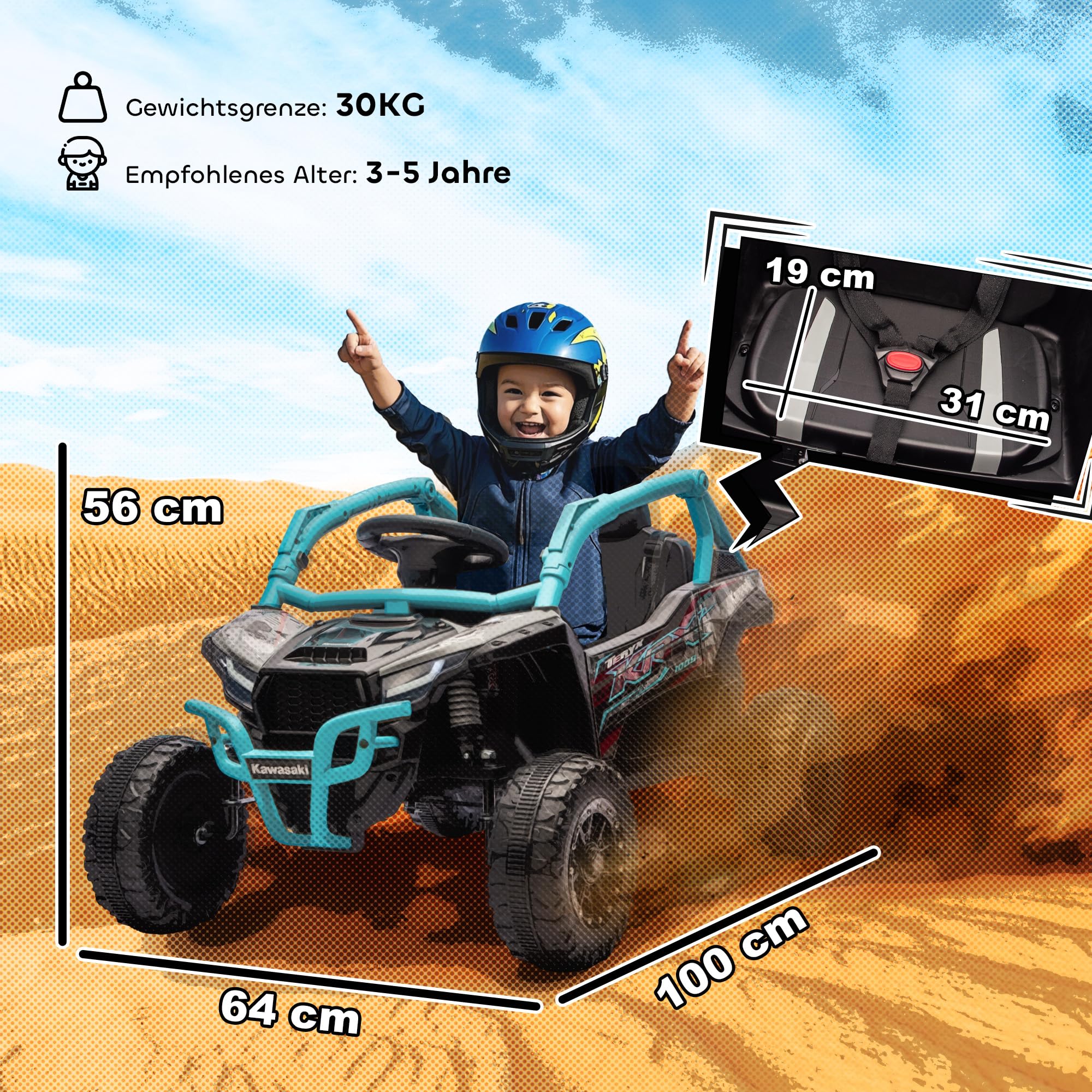 AIYAPLAY Samochód elektryczny dla dzieci, 12 V, Kawasaki, UTV, 3-8 lat, niebieski | 2 silniki, pilot zdalnego sterowania 2,4 GHz, system zawieszenia, światła LED, muzyka, klakson, pojazd elektryczny