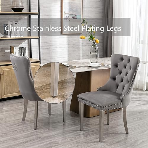 Miniatura 78 de Juego de 4 sillas de comedor de terciopelo beige, sillas de comedor tapizadas con adorno de tirador de anillo trasero y patas de madera maciza,