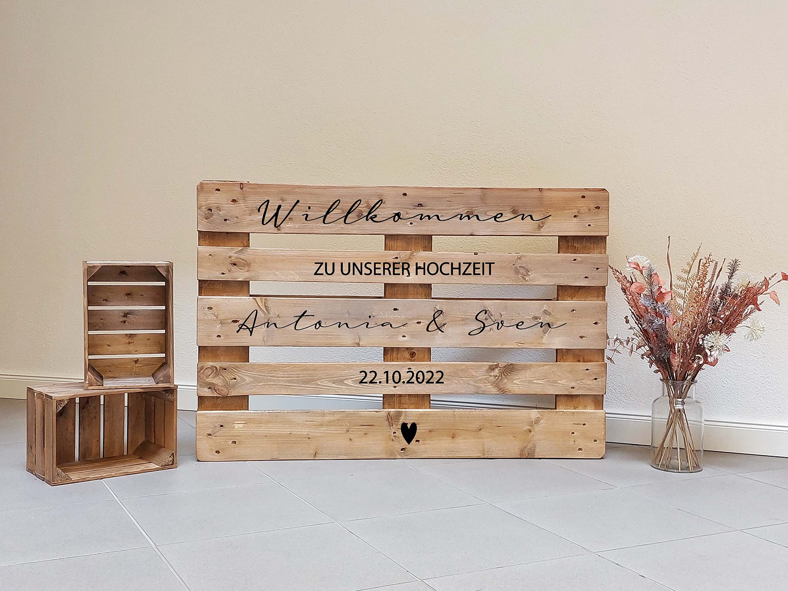 Palettenaufkleber personalisiert - Willkommen Schriftzug - Aufkleber Hochzeit 6 Designs | Hochzeitsaufkleber | Willkommensschild Hochzeit | Euro-Palette