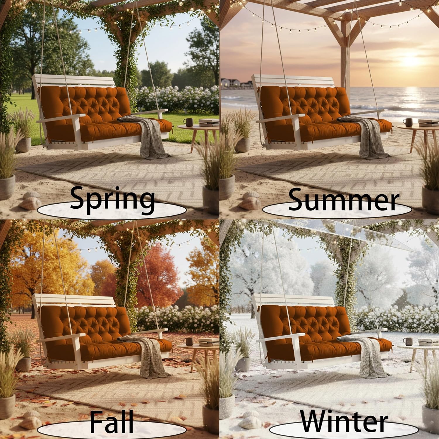 Porch Swing Cushions 3 Seater Replacement with Backrest, 60 inch Waterproof Outdoor Swing Cushion for 2-3 Seat, Thickened Universal Bench with Non-Slip Ties for Patio, Garden (coffee, 60x40inche)