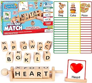 Wooden Reading Blocks - Spin, Spell & Match Words - 16 Alphabet ABC Blocks & 50 Cards with Images - Montessori Learning Reading Games Toy for Toddlers & Kids