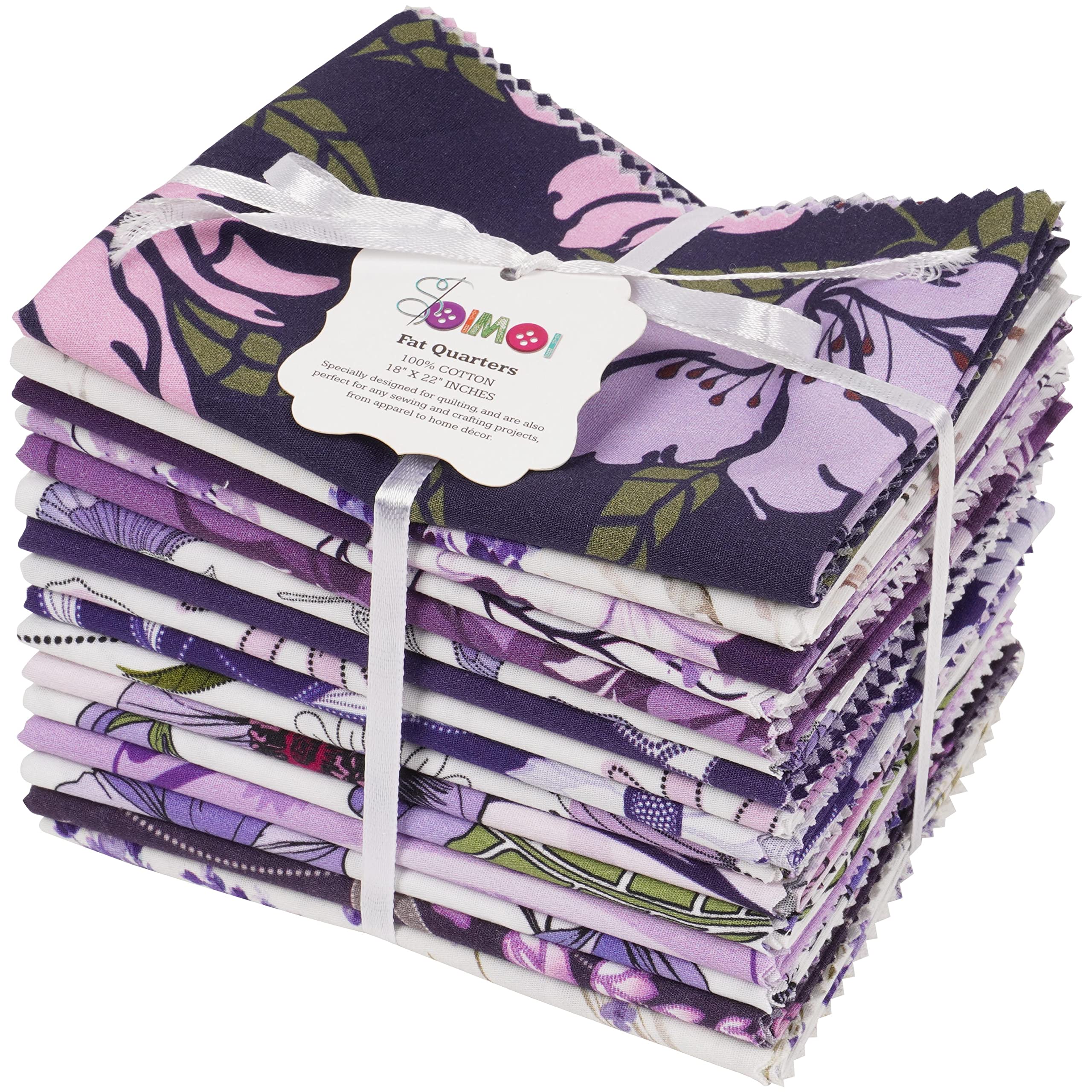 Soimoi 16 Pc Fat Quarter Bundle, Floreale Stampa 18 "X 22" Patchwork Fai-Da-Te- 100% Cotone Pre-Taglio Tessuto Di Trapuntatura Viola E Bianco.