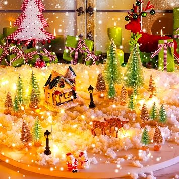 Yerliker Blulu 28 Pieces Christmas Mini Miniature Village Accessories Artificial Trees Street Lamps Santa Snow Houses Elk for Miniature Scenes Village Displays Green and Gold, Santa Style