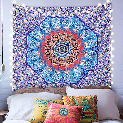 XIAYUEHUA Tapiz hippie indio bohemio psicodélico con mandala azul para dormitorio, tapiz floral estético para colgar en la pared, arte de pared