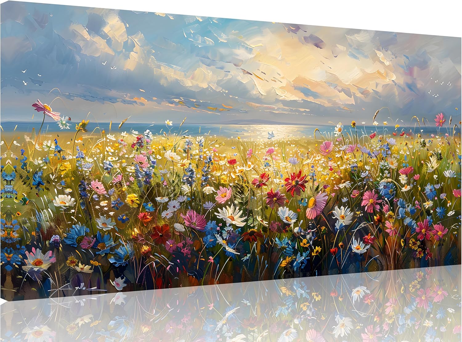 TutuBeer 1 Pcs Wildflower Field Artwork Rustic Wildflower Field at Beach Vintage Wall Art Canvas Prints Wild Flower Wall Art Rustic Style Kitchen Office Farmhouse Bathroom Decor 16x32inch 32L" x 16W" Golden Beach Wildflower