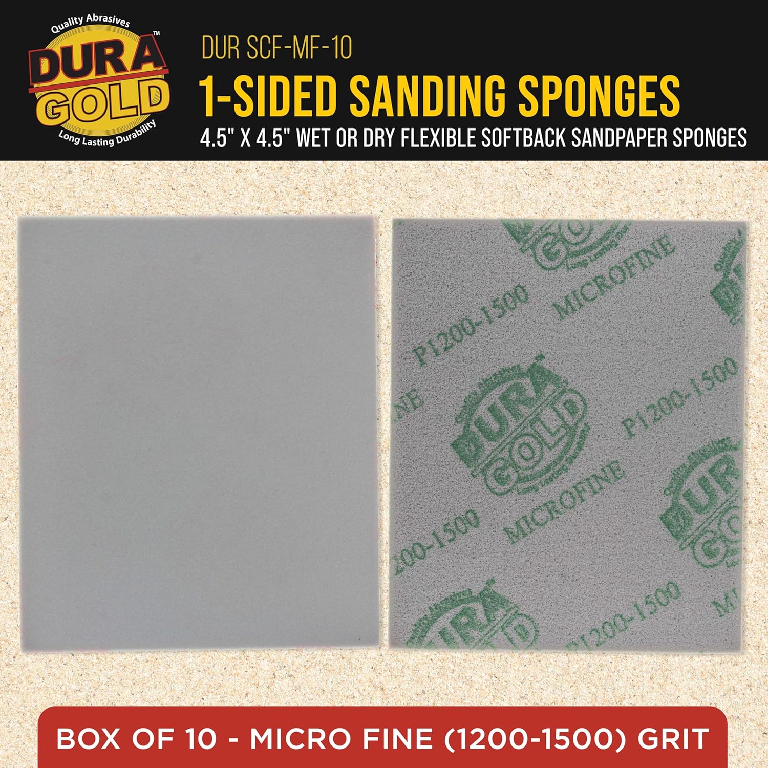 Dura-Gold Microfine Cut Sanding Sponges, Box of 10-5.5" x 4.5" (1200 to 1500 Grit) Performance Conform & Flex Wet or Dry Flexible Softback Sandpaper Sponges, Hand Block Wood Drywall Metal Auto Paint
