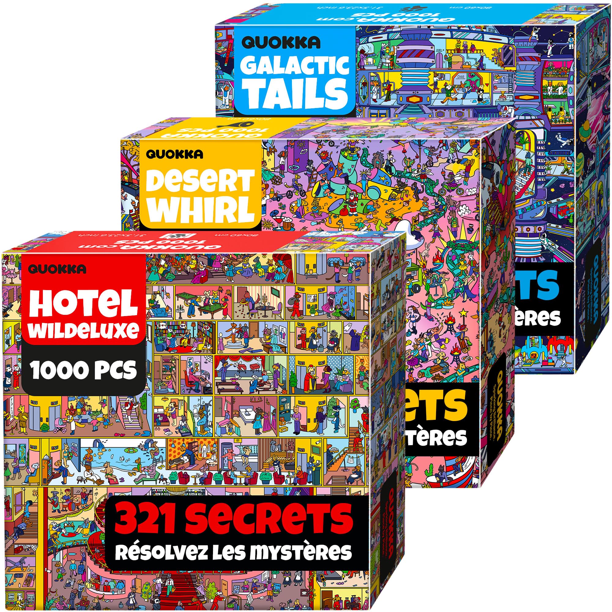 Puzzle 1000 pièces Adulte – Puzzles de 1000 pièces pour Adultes | Lot de 3 puzzles en coffret premium – Desert Whirl, Galactic Tails, Hotel Wildeluxe – Défis – Superbes scènes d’animaux et de