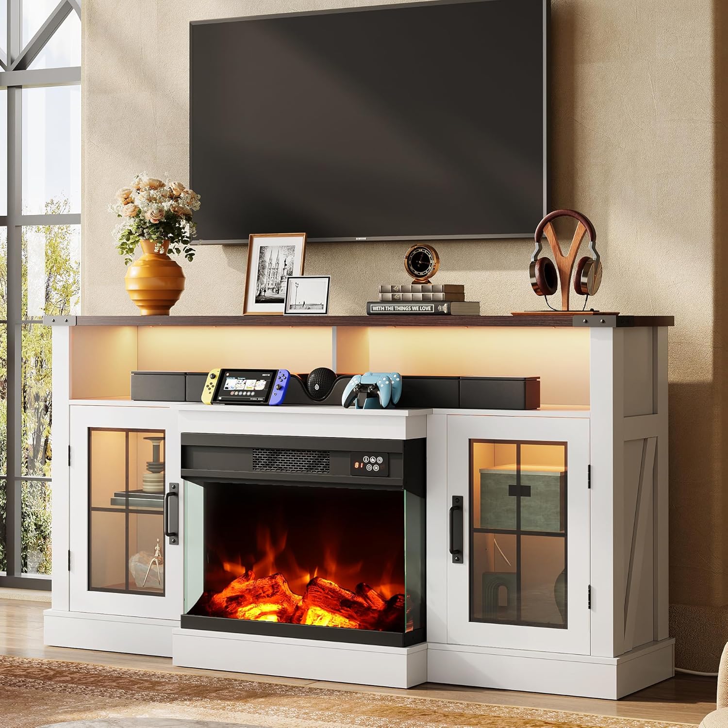 WLIVE 3-Sided Glass Electric Fireplace TV Stand for 65 Inch TV, Entertainment Center with 14 Flame Colors & Adjustable LED Storage Cabinets, Farmhouse Media Console for Living Room, Bedroom (White)