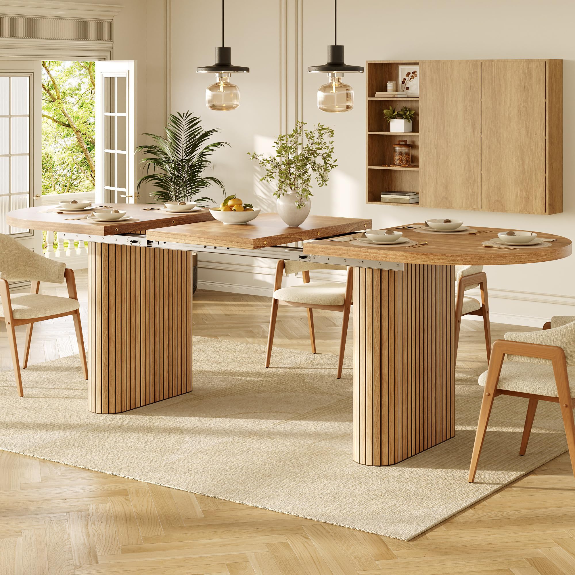 Tavolo da pranzo allungabile 120-160 cm, tavolo in legno ovale con struttura verticale, portata fino a 60 kg, 3 colori: legno naturale (marrone)