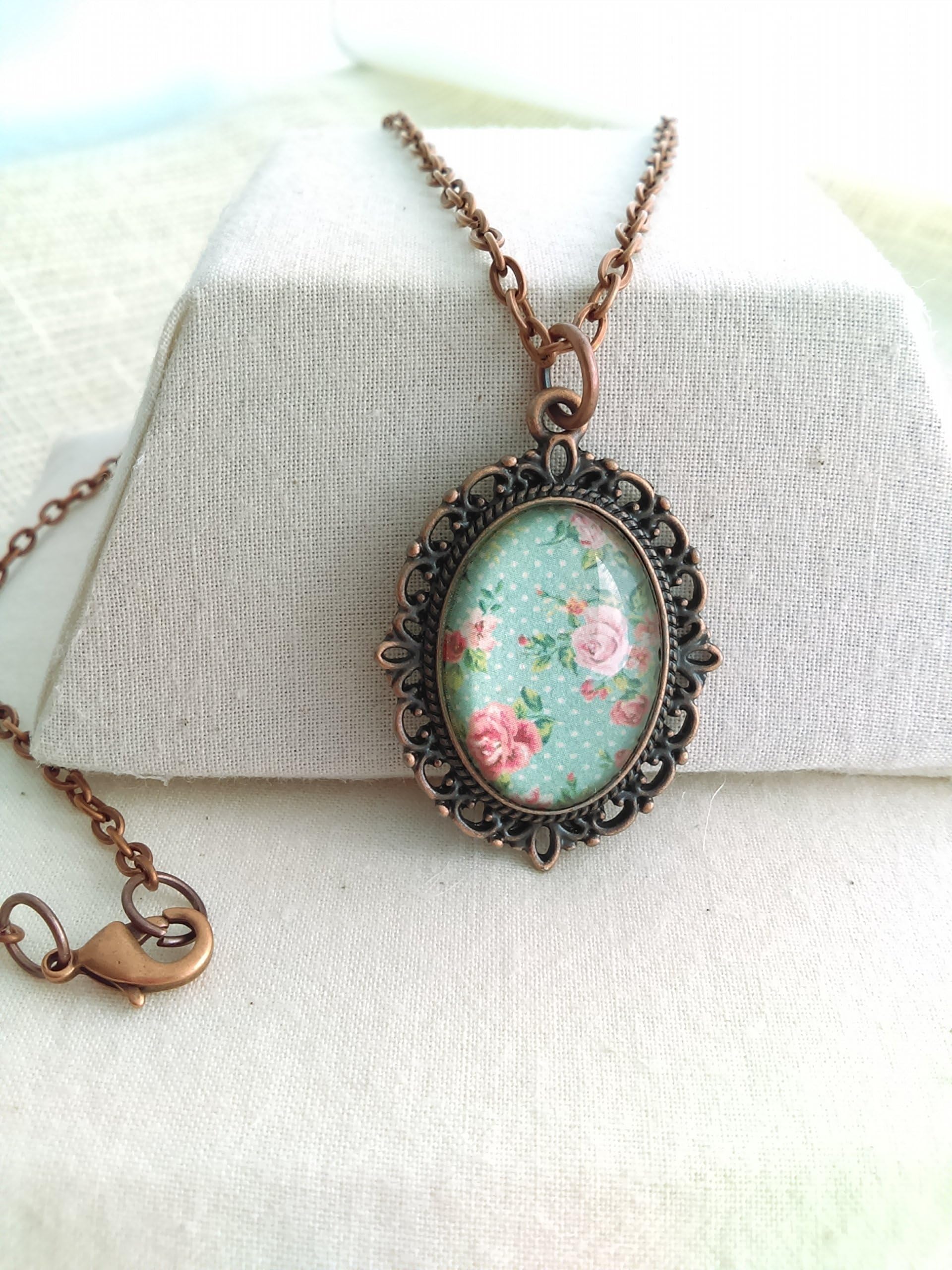 Vintage Mint Floral Pendant Necklace in an Antique Copper Oval Filigree Setting