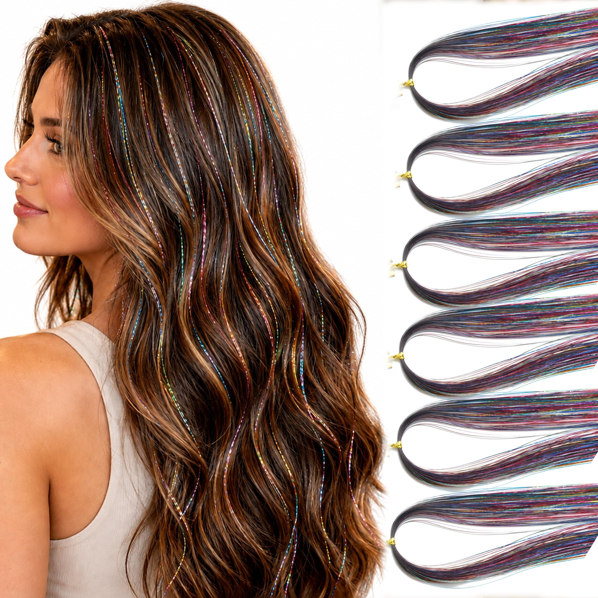 Hair Tinsel Sparkle Hair Extensions, 6 Pcs, 47 Inch, 900 Strands Iridescent Colorful 47 Inch (6 Pcs)