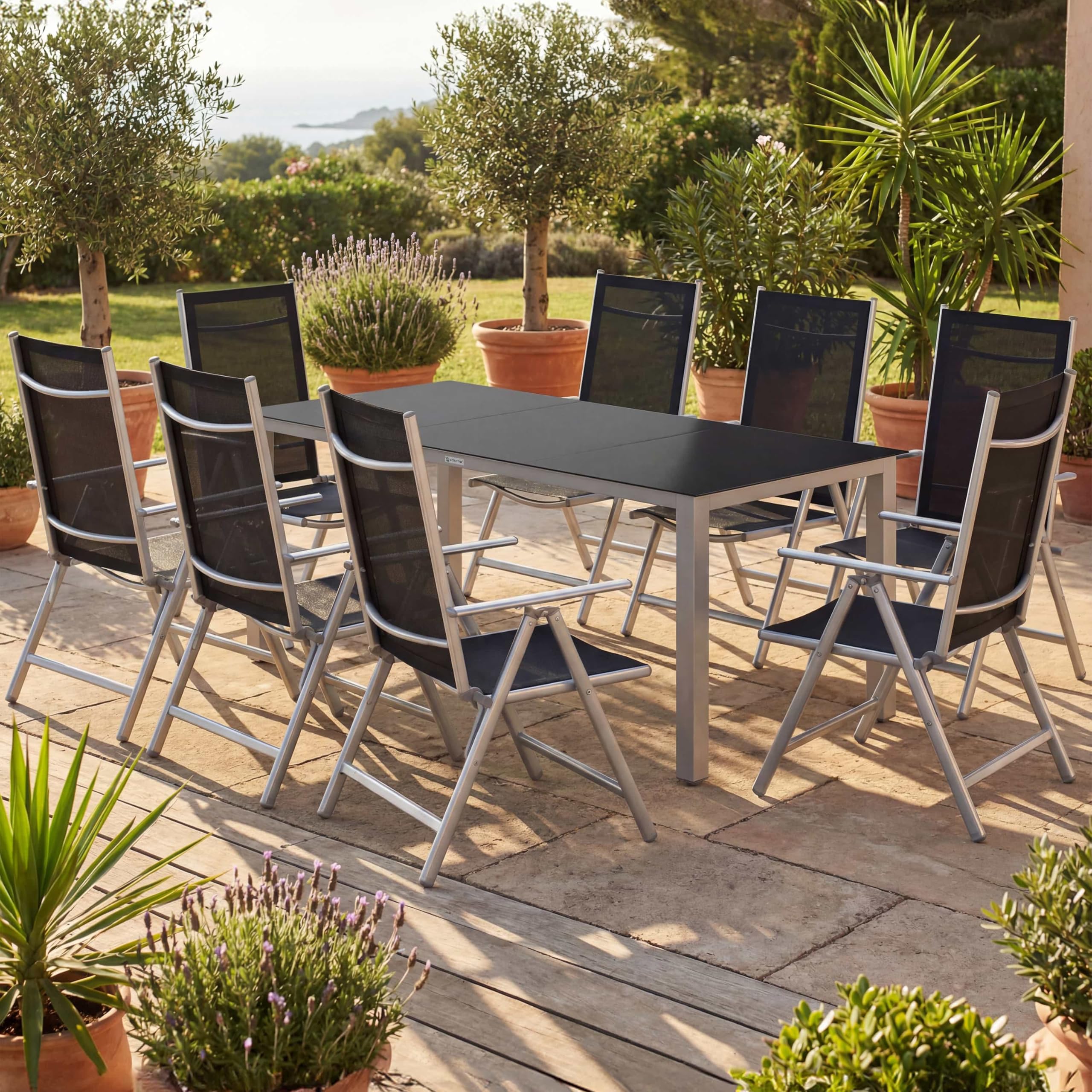 Casaria® Gartenmöbel Set 8 Stühle mit Tisch 190x90cm Aluminium Sicherheitsglas Wetterfest Klappbar Modern Terrasse Balkon Möbel Sitzgruppe Garnitur Bern