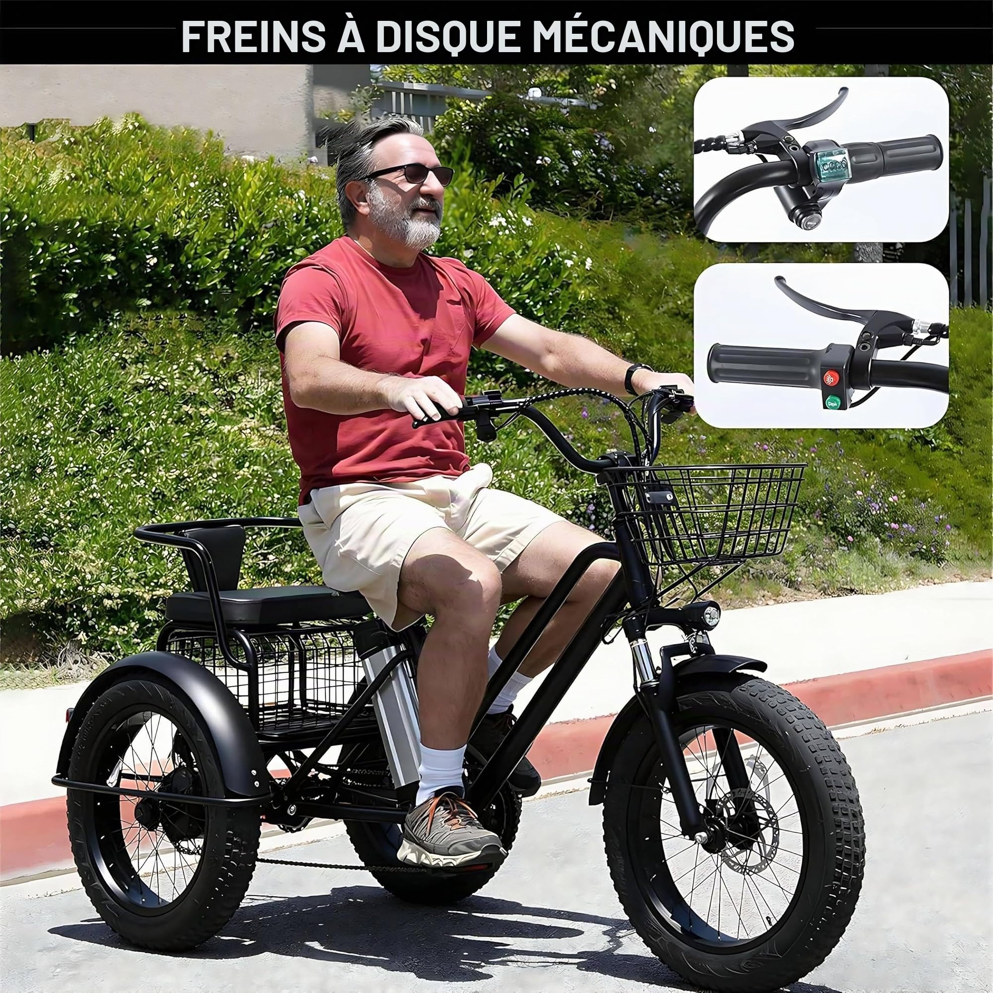 Tricycle électrique pour Adultes - Charge 200Kg, Vélo Cargo électrique à Pneus Larges 20'', Batterie Amovible 48 V/12 Ah - Autonomie 35 Km, pour Les Trajets Domicile-Travail