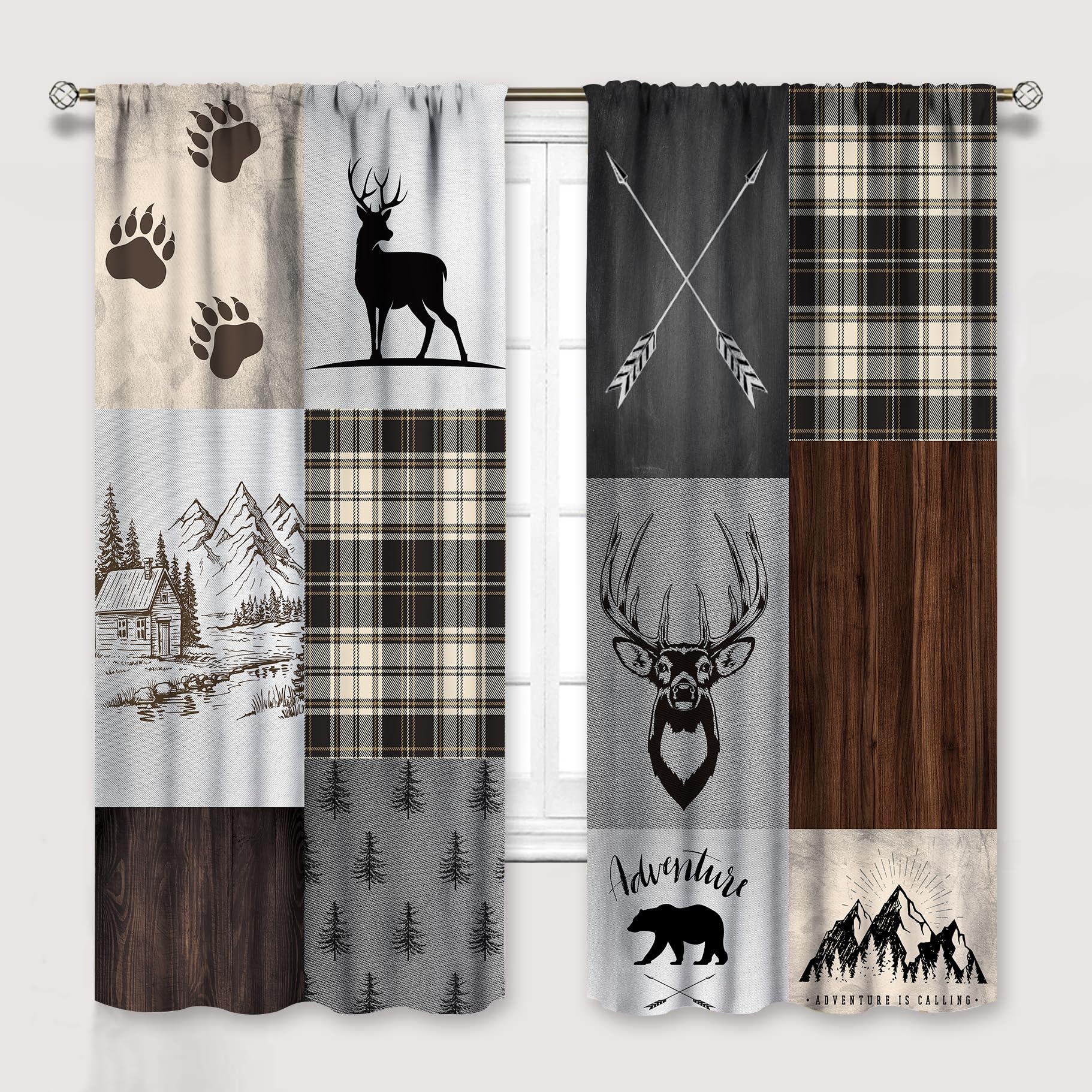 Rustic Carbin Curtains Deer Bear Living Room Curtains, Cabin Deer Bear Elk Moose Wild Animals Curtains for Bedroom, Plaid Check Adventure Farmhouse Drapes 2 Panel Sets,42x54 Inch
