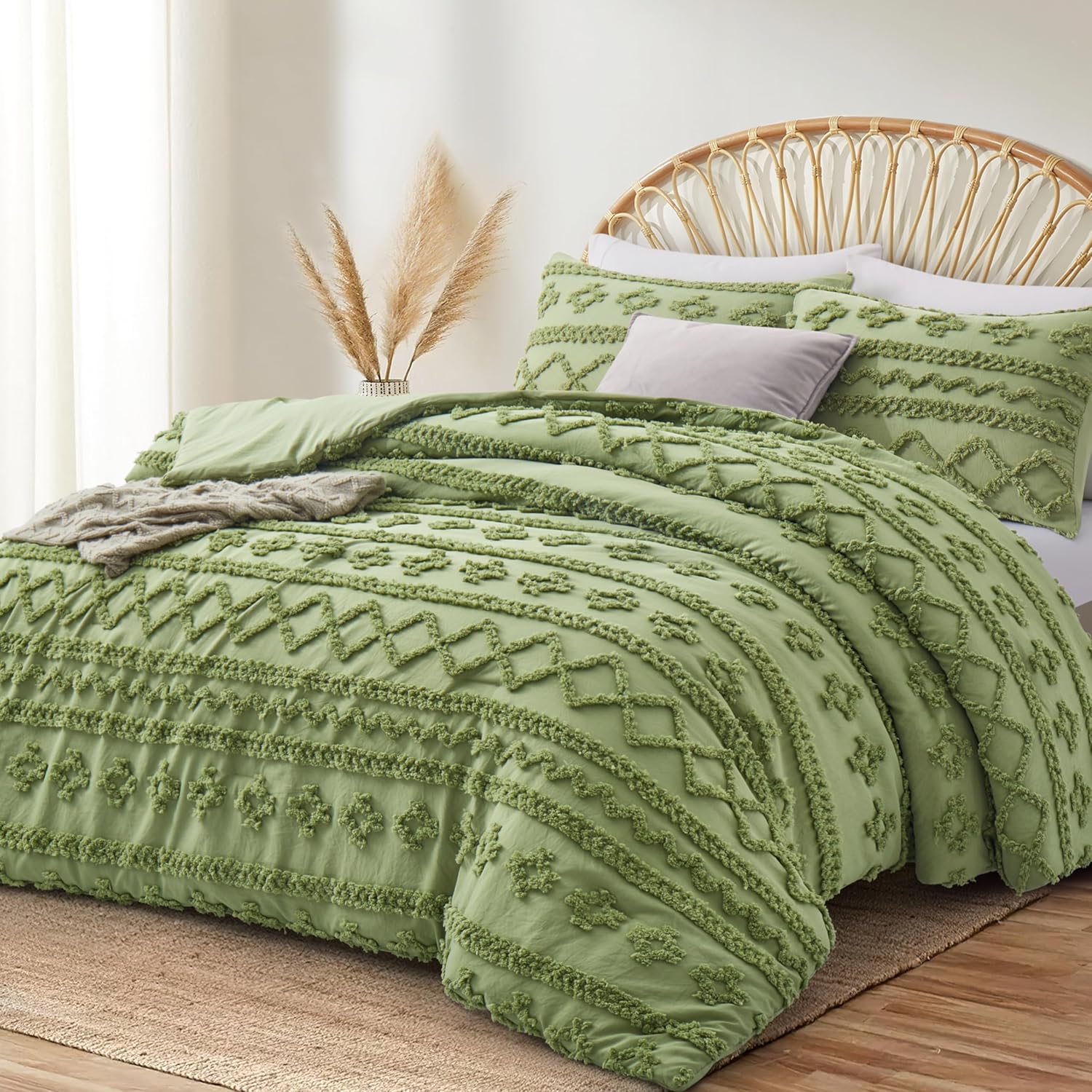Oli Anderson Sage Green King Comforter Set Tufted Bedding Set King 3 Pieces, Boho Shabby Chic Comforter with 2 Pillowcases (Sage Green, King) - Image 2