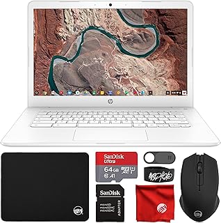 HP Chromebook 14" HD Laptop (Intel Celeron N3350 up to 2.4GHZ, 4GB RAM, 32GB eMMC Flash Memory, Webcam, WiFi, Bluetooth, USB-A&C, Chrome OS) Bundle with 64GB microSDXC Card, Mouse, Mouse Pad