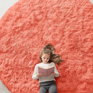 OLANLY Coral Red Round Rugs for Bedroom - Machine Washable, 9 ft Circle Area Rugs for Living Room, Soft and Fluffy Shaggy Carpet for Teen Girl and Boys, Nursery Rooms, Dorms, Home Decor Aesthetic