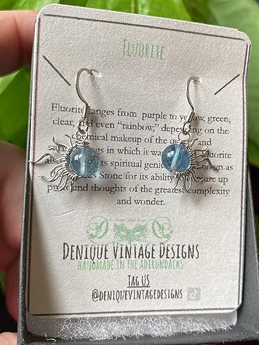 Miniatura 2 de Blue Fluorite 6mm Mini Sun Dangle Earrings in Steel, Copper, Bronze, Black Iron, Titanium, Sterling Silver, 14K Gold, Rose Gold, or Black Niobium