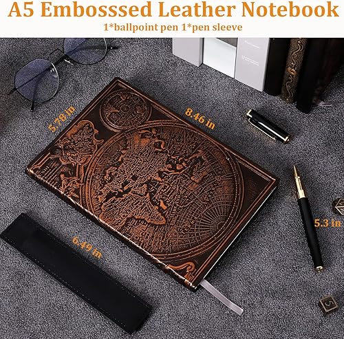 Miniatura 5 de FEIDIAO Cuaderno de viaje de cuero con relieve de mapa vintage, diario de escritura A5, cuaderno de diario, hecho a mano antiguo, tapa dura rayado,