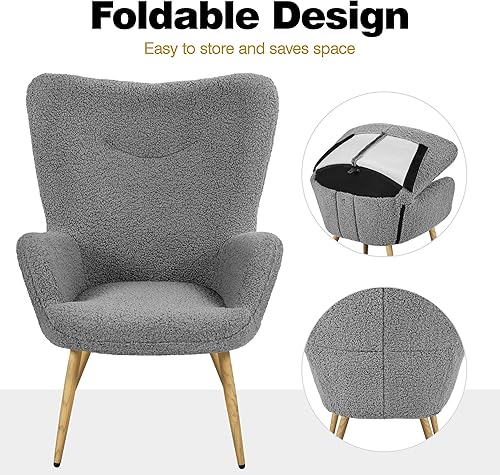 Miniatura 6 de Yaheetech Boucle - Silla decorativa, sillón de tela moderna, cómoda silla de barril esponjosa, silla de lectura con respaldo alto plegable y patas