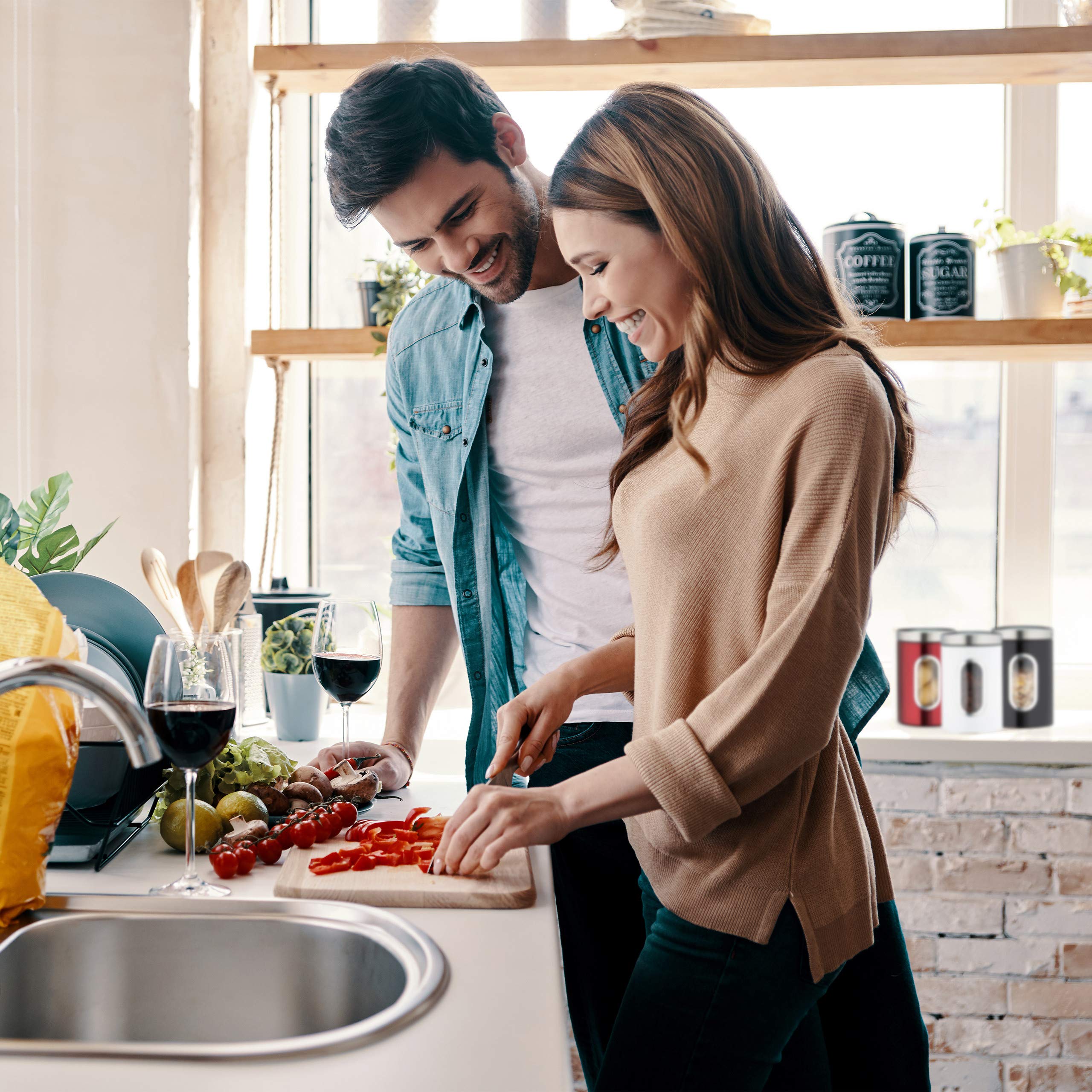 Relaxdays 4x Barattolo, con Coperchio, Finestra Trasparente, 1,4 L, Caffè, Sale, Zucchero, Pasta, Cucina, Metallo, Nero