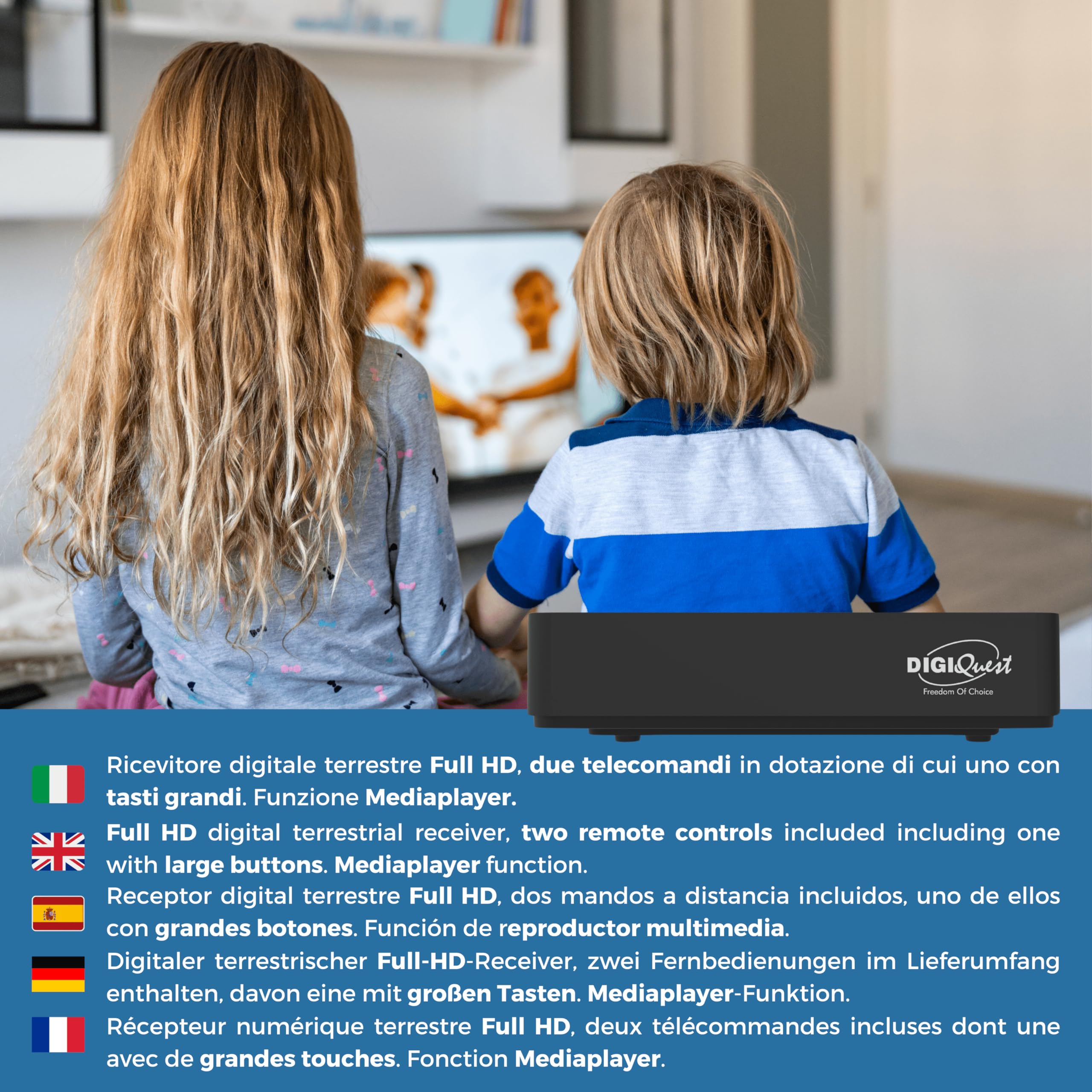 DIGIQUEST G9 Decoder Digitale Terrestre DVB-T2 HEVC 10bit Full HD, Doppio Telecomando con Tasti Grandi, Media Player USB, Alimentazione 12V per Camper e Barche, Nero