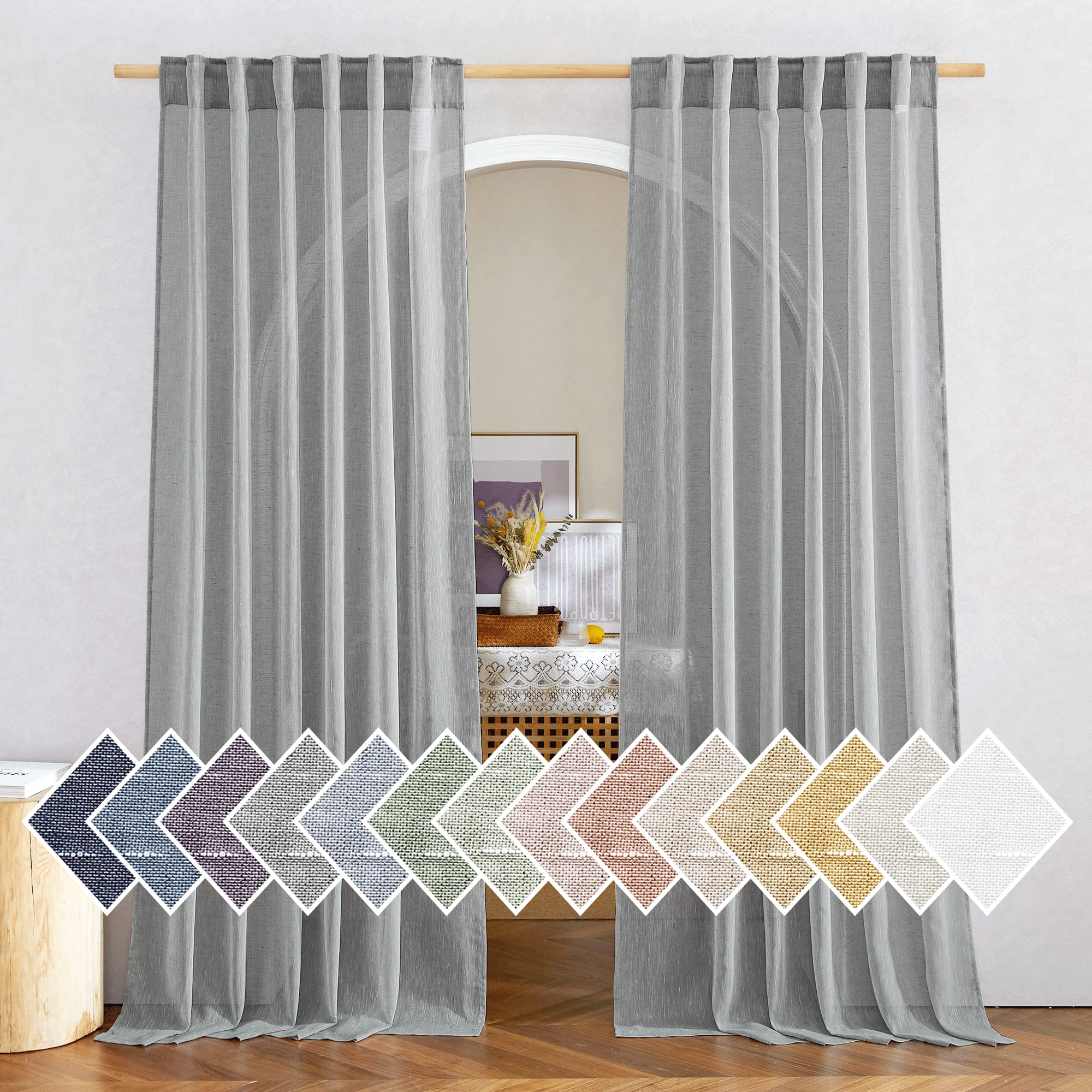NICETOWN NICETOWN Grey Curtains 84 inch Long for Living Room, Rod Pocket & Back Tab Semi Sheer Faux Linen Blend Curtains & Drapes Privacy with Light Filtering for Bedroom, W52 x L84, Set of 2