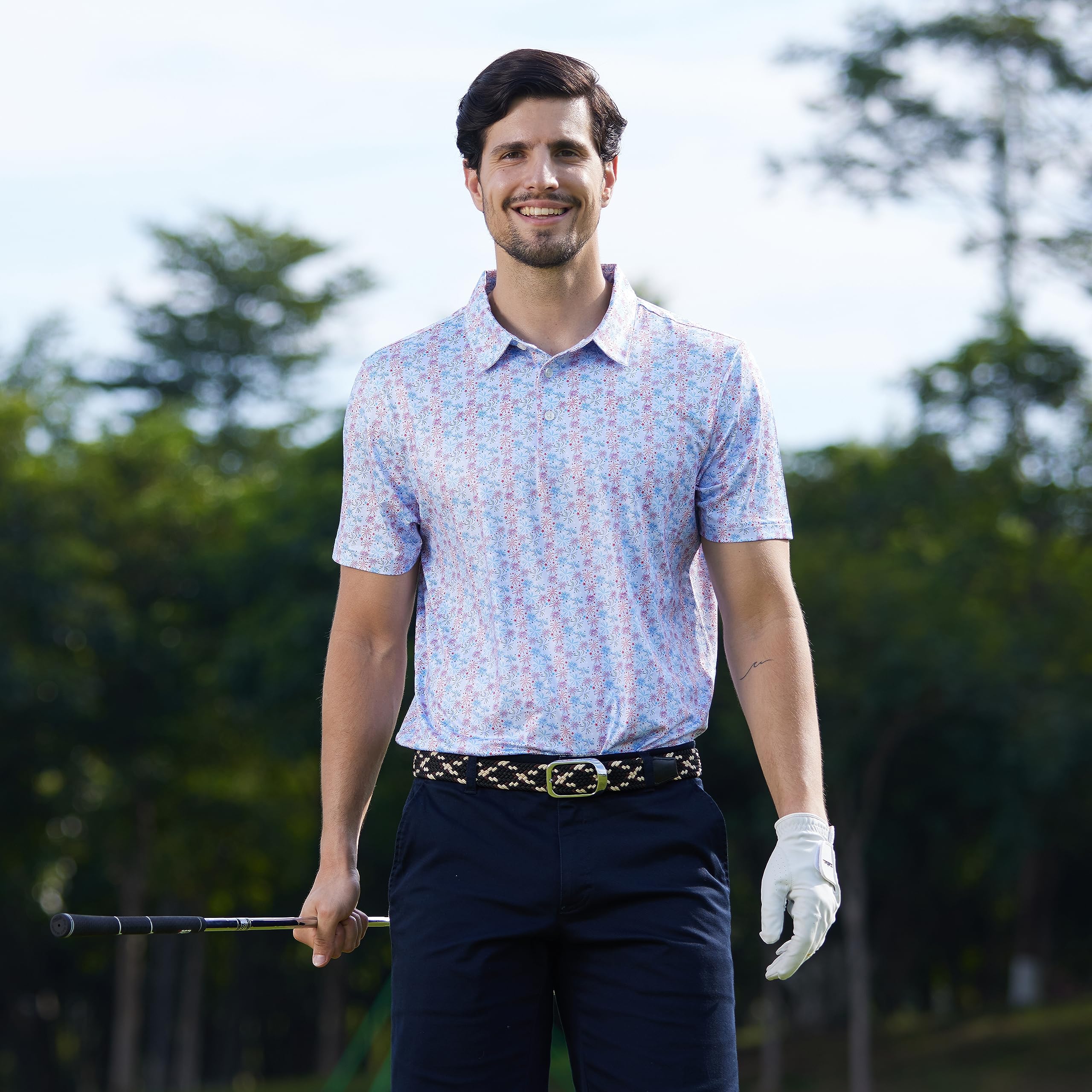 P POLAFLON Mens Golf Shirt for Men Moisture Wicking Quick-Dry Print Performance Golf Polos Men's Short Sleeve Polo Shirts for Men