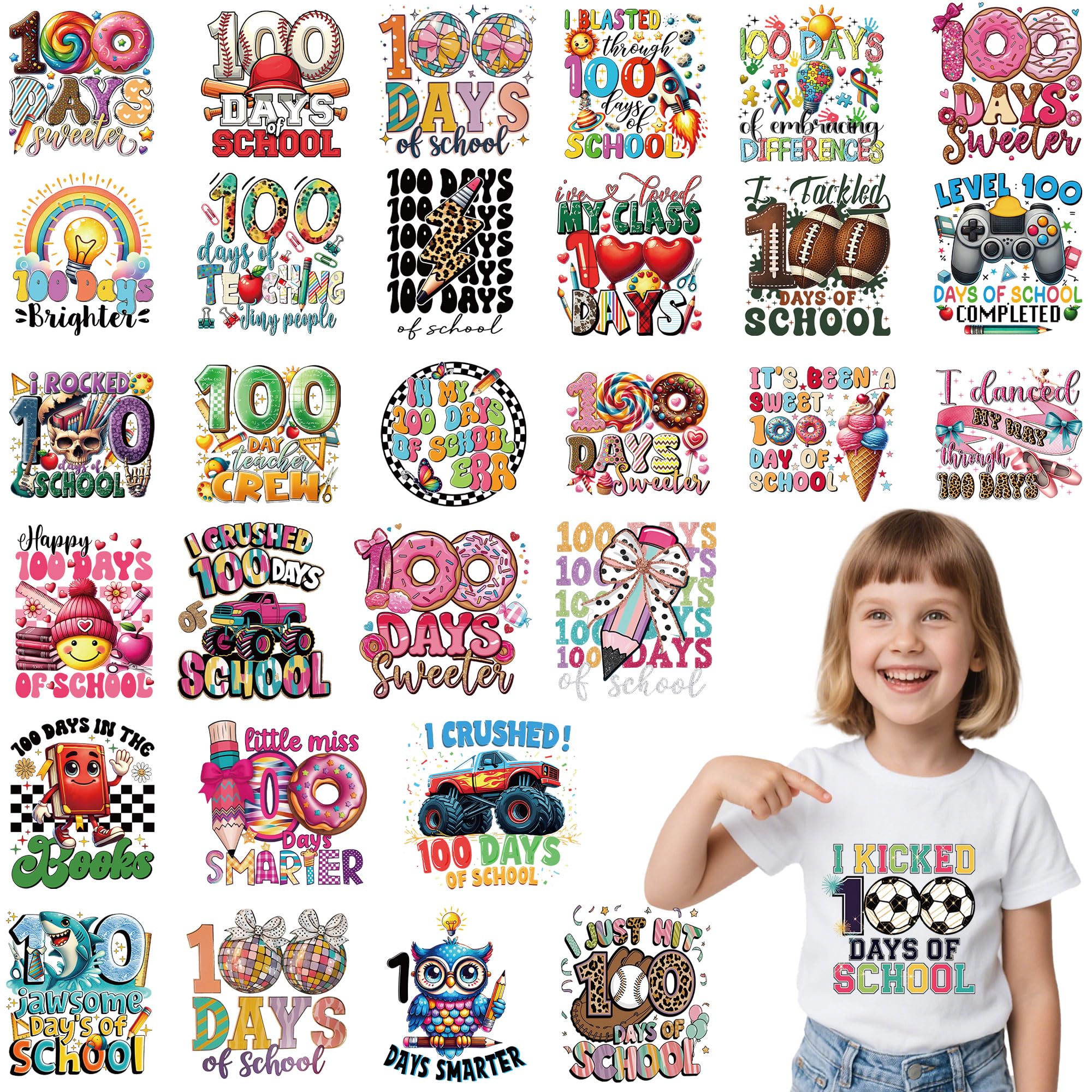 30 Sheets 100 Days of School Iron on Transfers for T-Shirts, 100th Day of School DTF Transfers Ready to Press Heat Transfers Vinyl, Iron on Decals for Clothes Bag Pillow Covers DIY Crafts