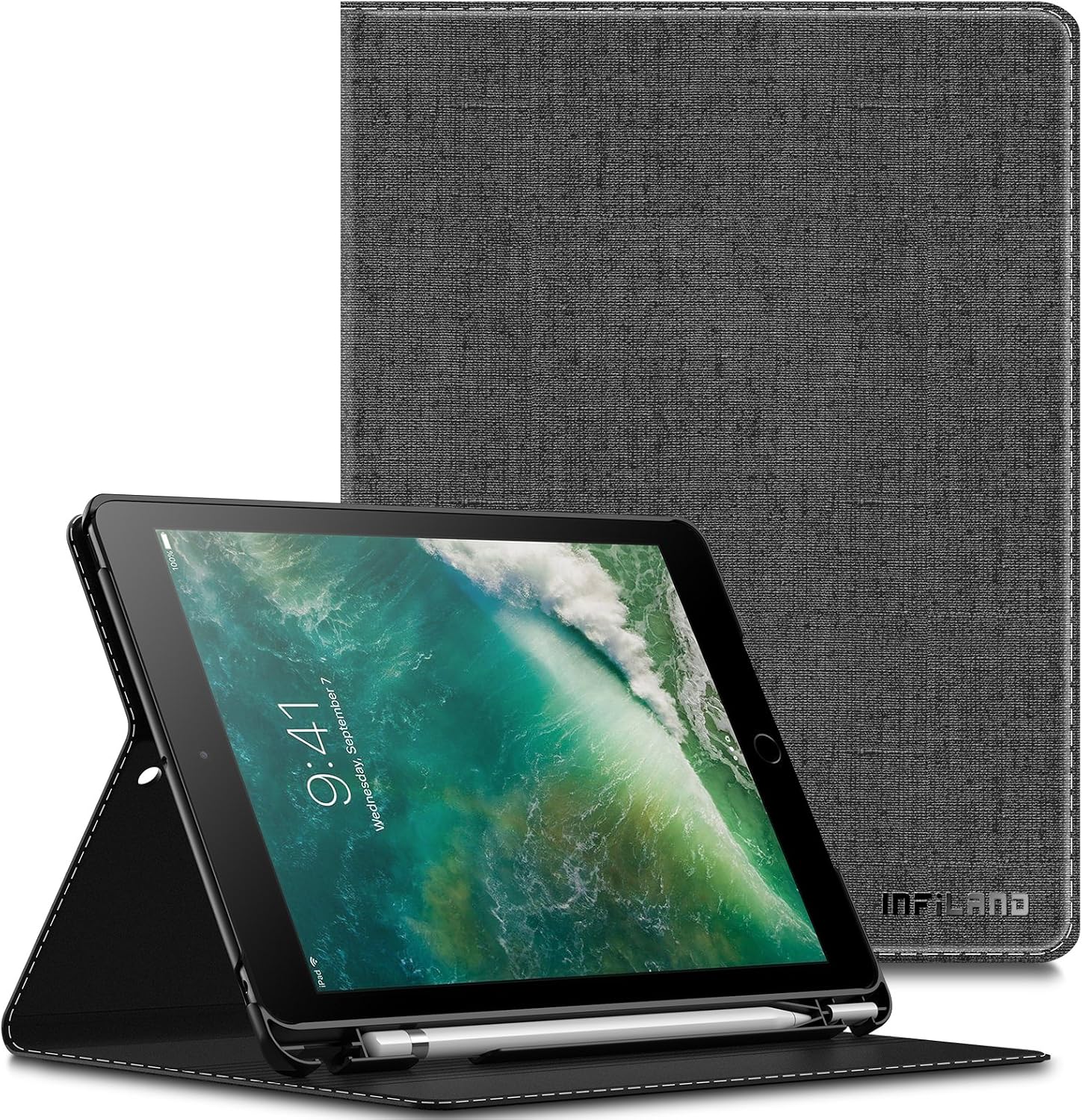 Infiland iPad 6th Gen 9.7 Inch 2018 Case with Apple Pencil Holder, Multiple Angle Stand Cover Support Auto Wake/Sleep, Gray