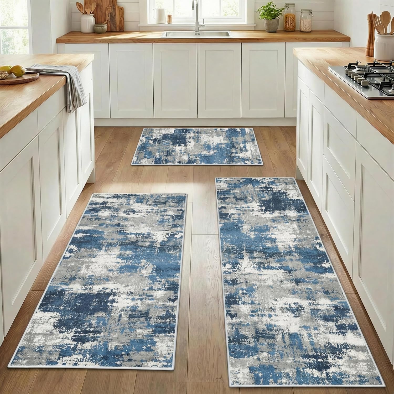 Blue Kitchen Rugs Sets of 3, Non Slip Washable Farmhouse Kitchen Mats for Floor, Modern Abstract Area Runner Rug for Laundry Room and Hallway