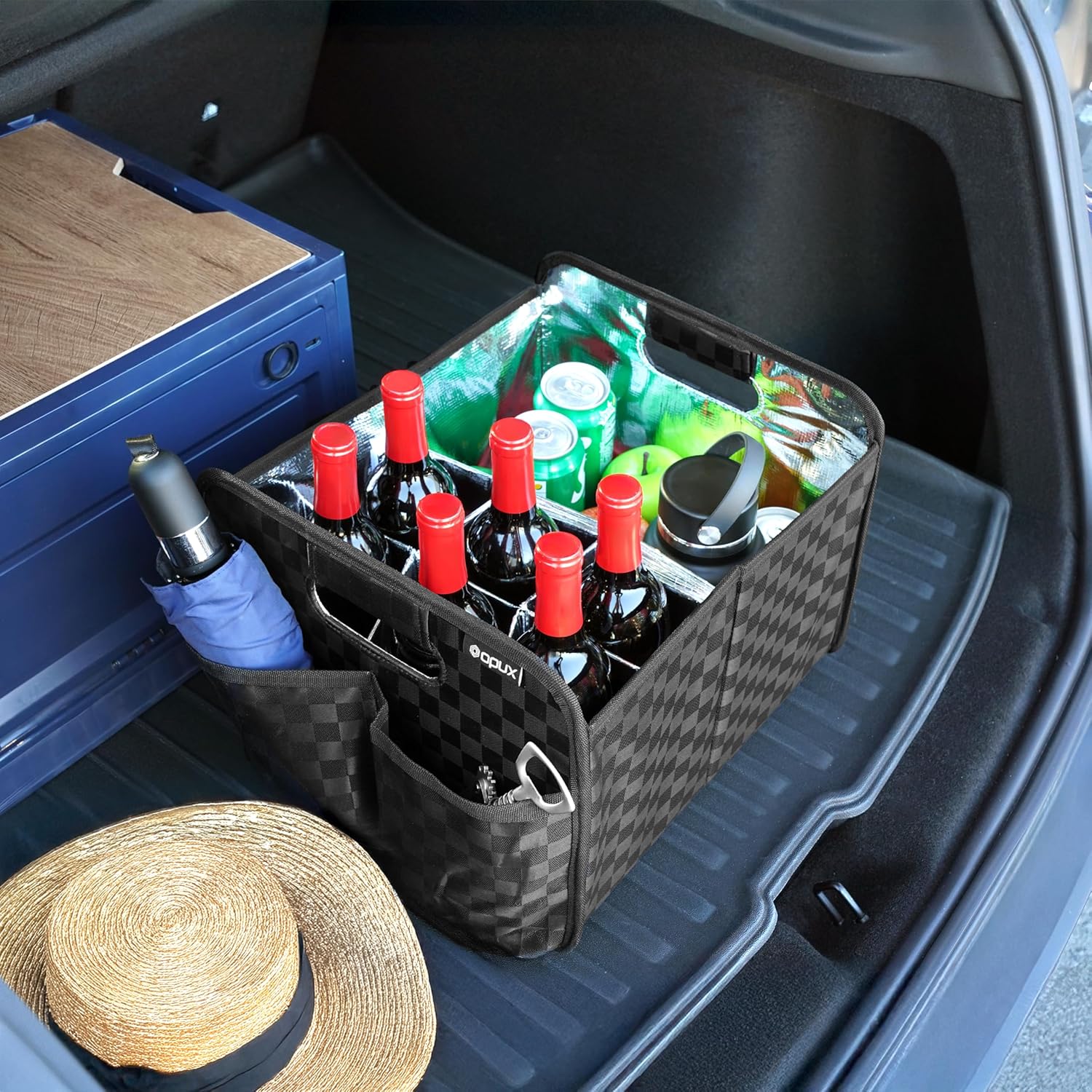opux 12 Bottle Wine Tote Bag, Collapsible Wine Carrier Caddy Box with Dividers for Moving, Foldable Liquor Bottle Storage Glass Holder, Portable Reusable Wine Storage Box - Checker Black