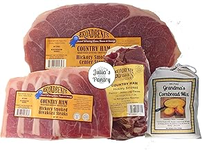 Julia's Pantry Premium 1# Hickory Smoked Country Ham Center Steak, 10oz Breakfast Steaks, 1# Seasoning Pieces and Cornbread Mix