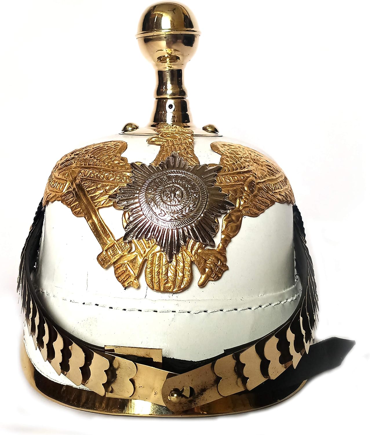 AnNafi® White German Pickelhaube Helmet | Leather Pickelhauben Imperial Prussian Helmets | Brass Military Officer Round Top Men’s Costume | WWI & WWII Army Helmets Replica LARP Re-Enactment Cosplay