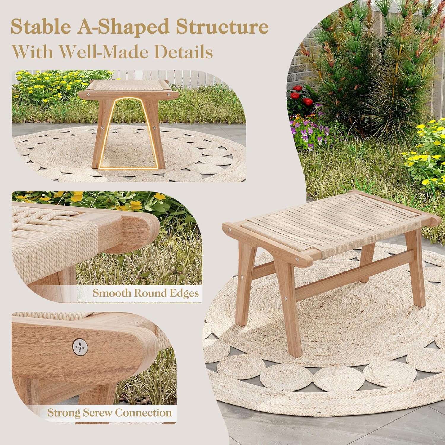 Tangkula Teak Wood Ottoman Footstool, Natural Teak Wooden Foot Rest with Braided Rope for Living Room Bedroom Office, 14" H, Indoor (1)