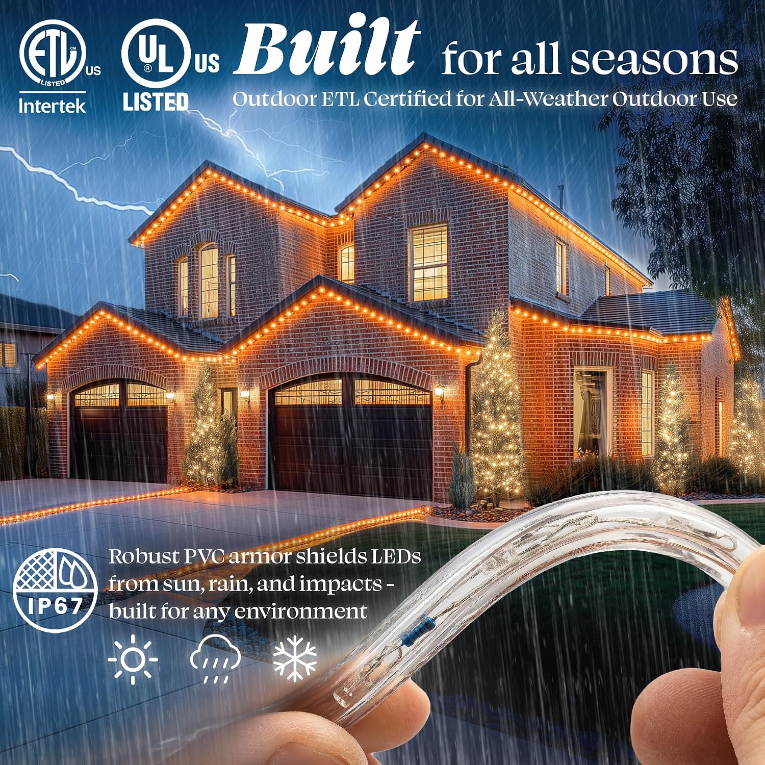 10ft Orange LED Rope Lights, Connectable Outdoor Permanent Waterproof Accent Exterior Lighting, Transparent PVC Case, ETL Certified, Holiday, Backyard Patio, Home Garden, Decorative